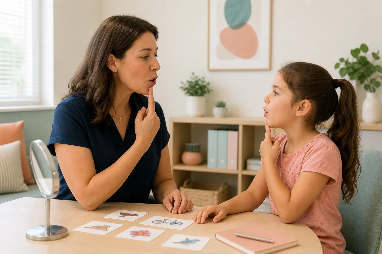 Illustrative speech-language therapy setting with a woman therapist and a child practicing a speech sound